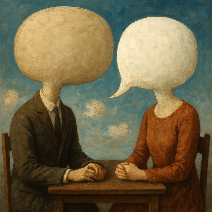 Deux personnages aux têtes en forme de bulles de bande dessinée, assis face à face