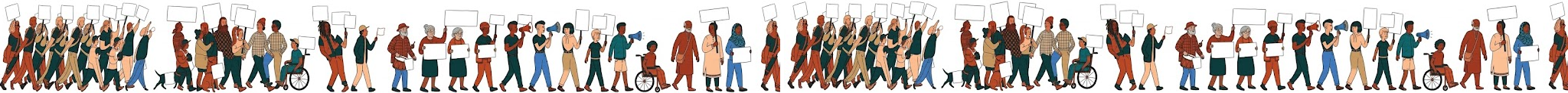 Une longue manifestation illustrée : de nombreuses personnes marchent de la gauche vers la droite en brandissant des pancartes vierges